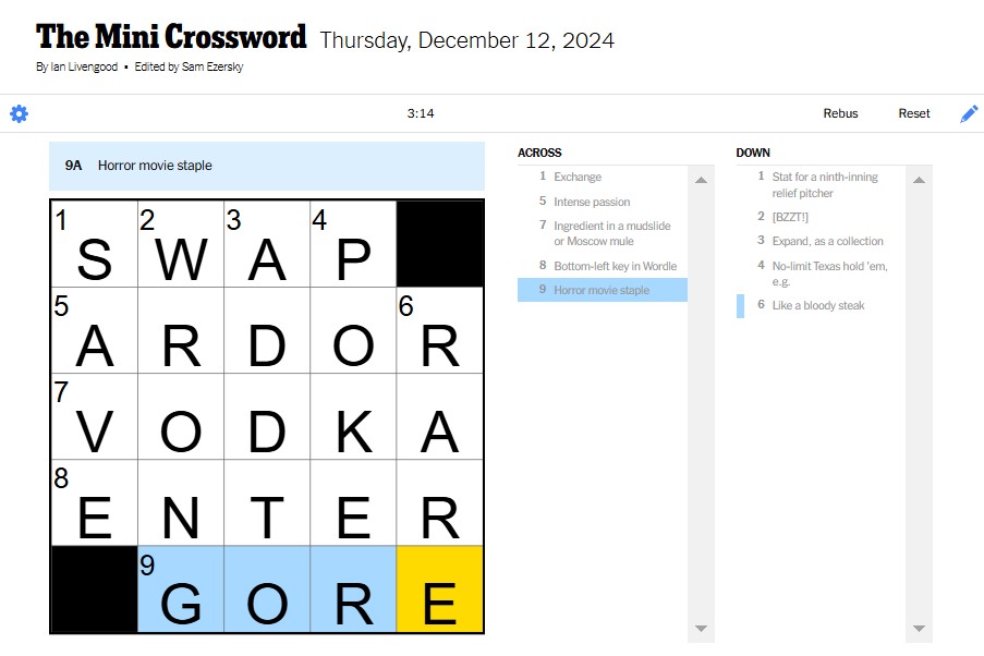 NYT Mini Crossword Answers and Clues Today Thursday, December 12 (12/12/2024)