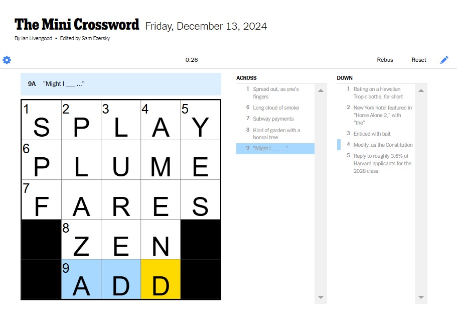 NYT Mini Crossword Answers Today and Clues for Friday, December 13, 2024 (13/12/2024)