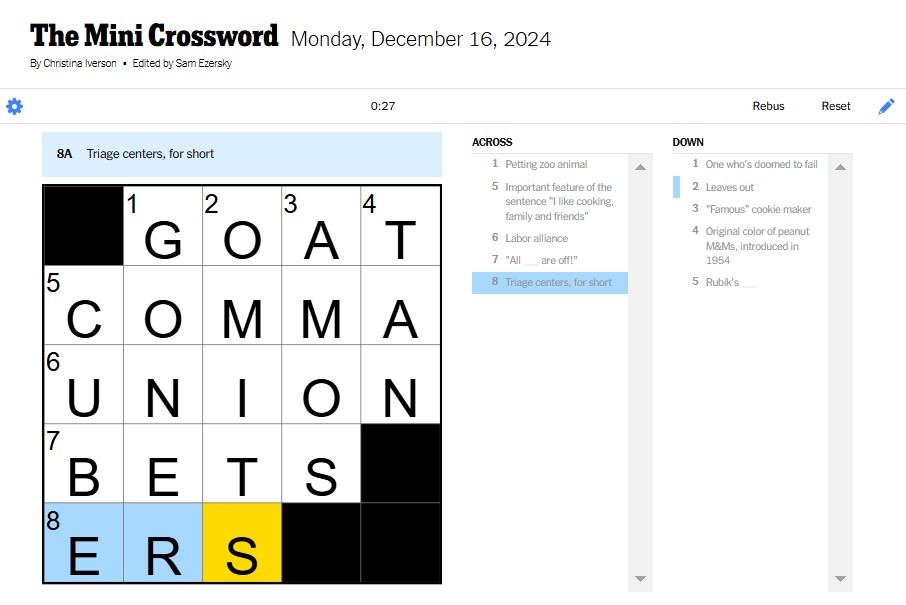 NYT Mini Crossword Answers: December 16