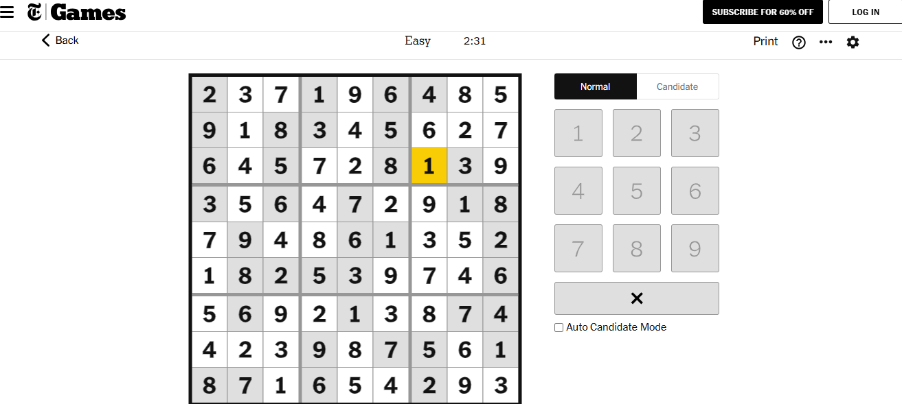 nyt sudoku easy solved dec 6