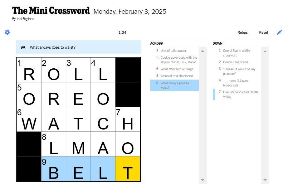 NYT mini crossword answers for February 3, 2025 solved