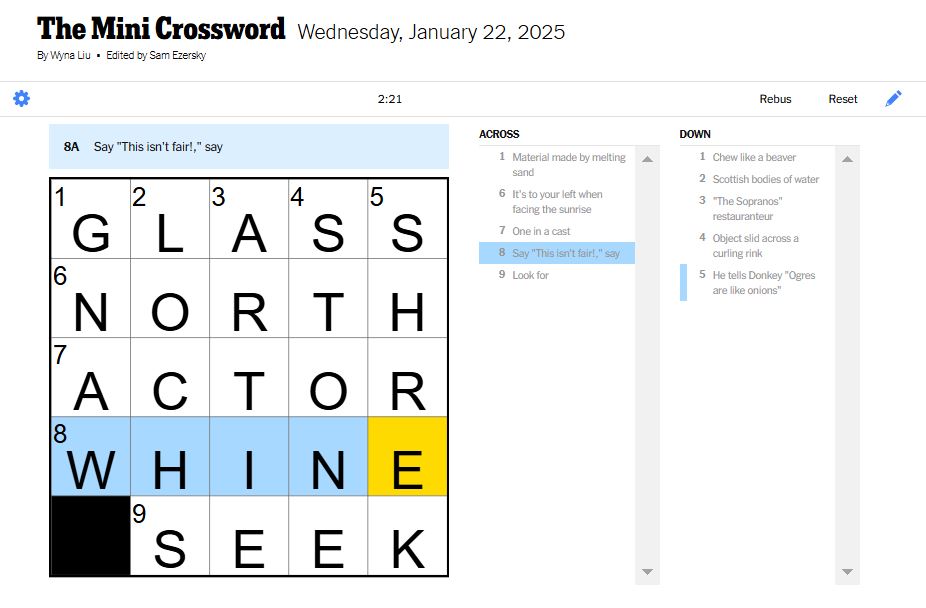 NYT mini crossword answers for January 22, 2025 solved