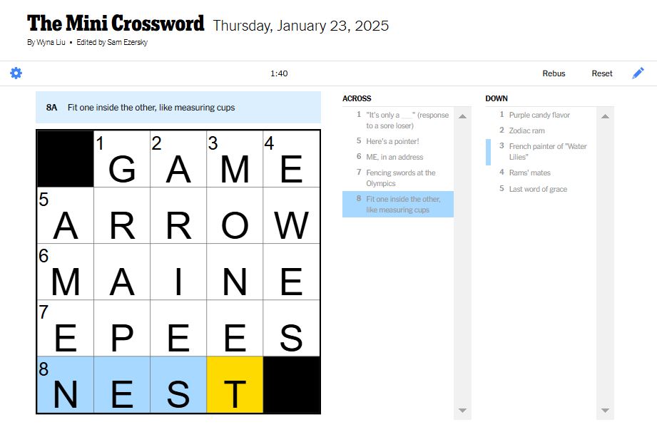 NYT mini crossword answers for January 23, 2025 solved