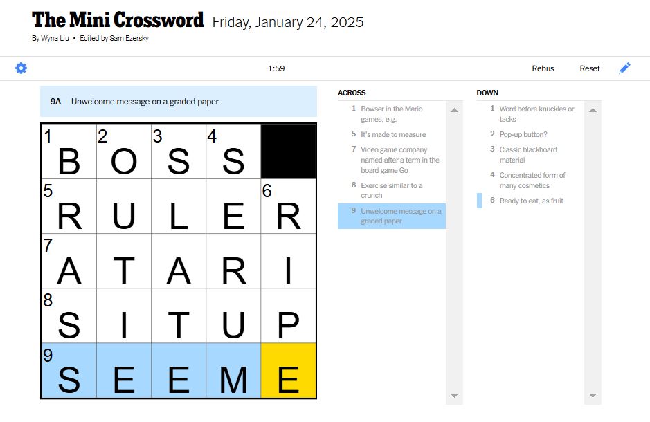 NYT mini crossword answers for January 24, 2025 solved