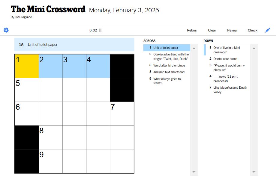 NYT mini crossword for February 3, 2025 unsolved