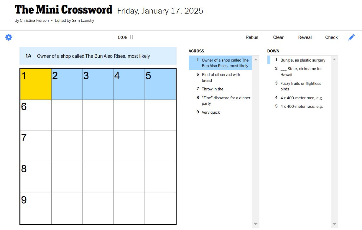 NYT mini crossword for January 17, 2025 unsolved