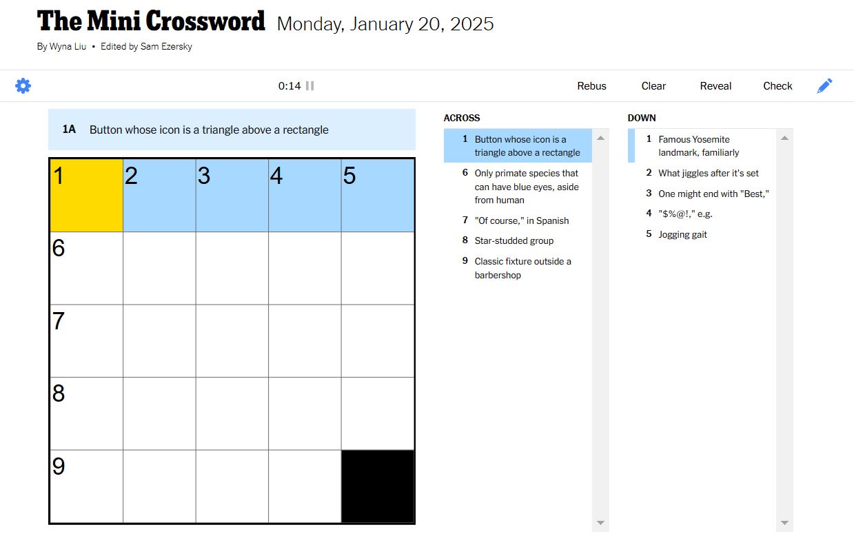 NYT mini crossword for January 20, 2025 unsolved