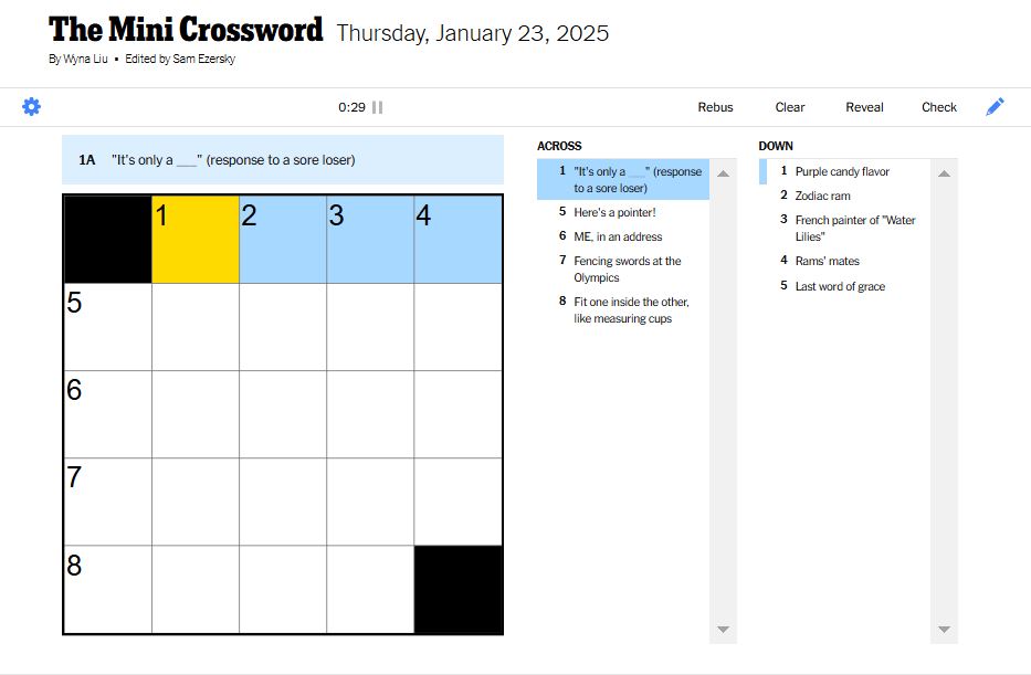 NYT mini crossword for January 23, 2025 unsolved