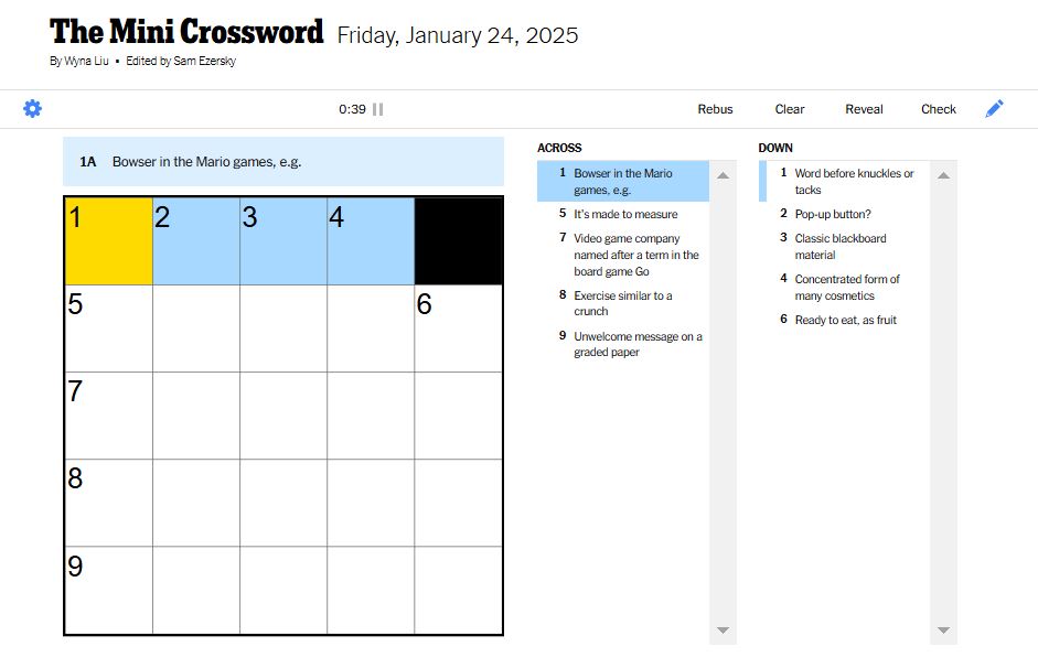 NYT mini crossword for January 24, 2025 unsolved