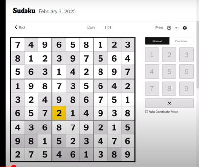 NYT SUDOKU EASY SOLVED JAN FEB 3