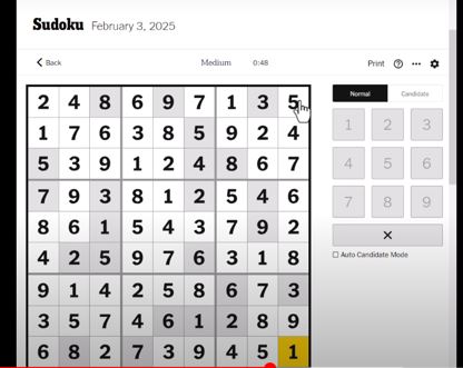 NYT SUDOKU MEDIUM SOLVED JAN FEB 3