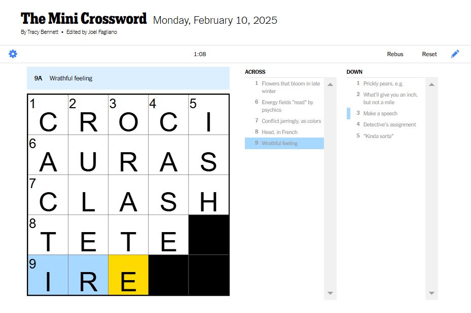 NYT mini crossword answers for February 10, 2025 solved