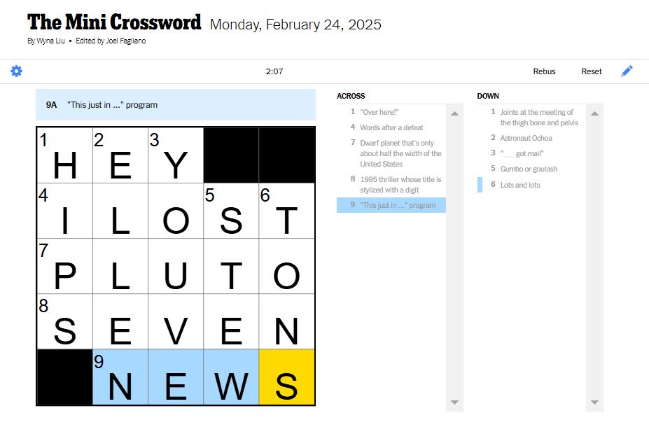 NYT mini crossword answers for February 24, 2025 solved