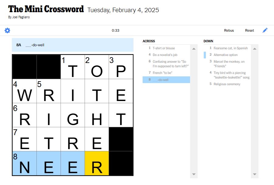 NYT mini crossword answers for February 4, 2025 solved