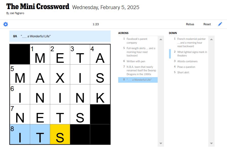 NYT mini crossword answers for February 5, 2025 solved