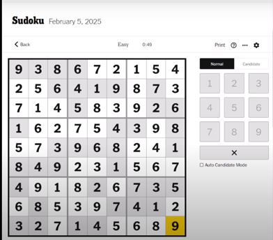 nyt sudoku easy solve feb 5