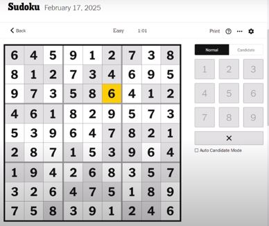 nyt sudoku easy solved feb 17