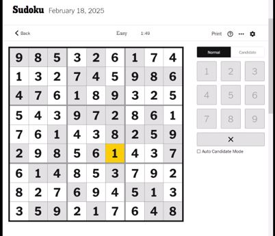 nyt sudoku easy solved feb 18