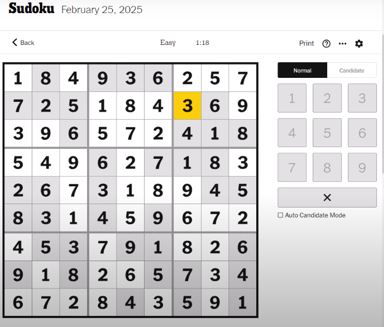 nyt sudoku easy solved feb 25