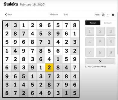 nyt sudoku medium solved feb 18