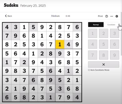 nyt sudoku medium solved feb 25